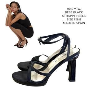 90'S VINTAGE BEBE BLACK STRAPPY HEELS SANDALS SZ. 7.5-8 MADE IN SPAIN.